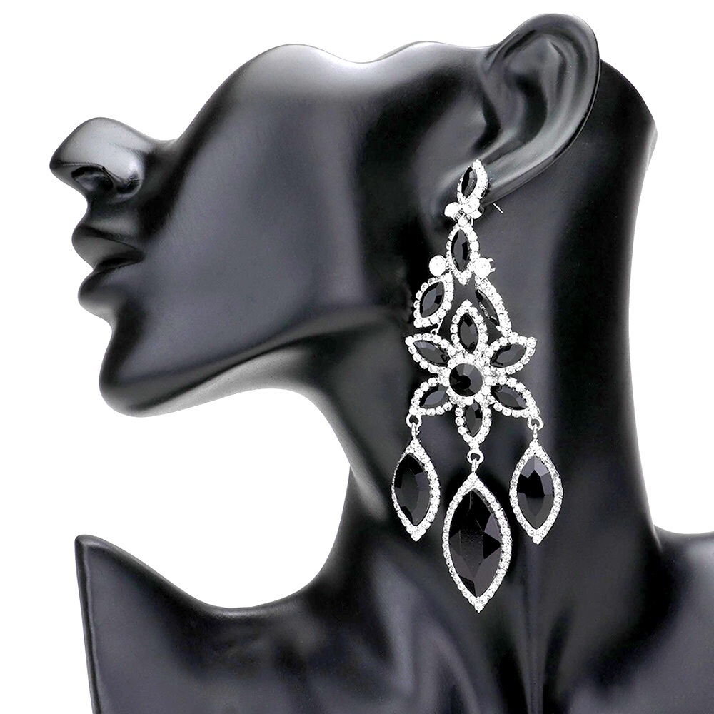 Black Flower Marquise Stone Dangle Evening Statement Earrings